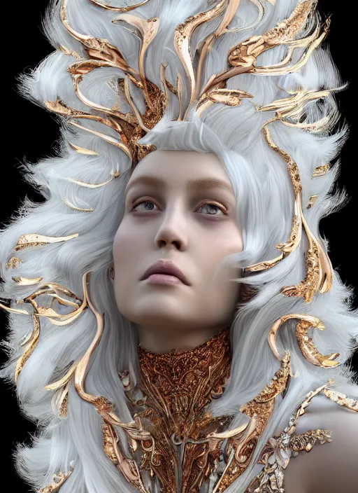 Image similar to beauteous sumptuous white pearlescent iridescent skin on face, crystal, gold, copper, bronze biomechanical with incredible iridescent pearlescent voluminous neon hair, crystalline masterpiece incrustations, hyperdetailed face, elegant pose, movie still, intricate, octane render, cinematic forest lighting, unreal engine, crepuscular rays, god rays