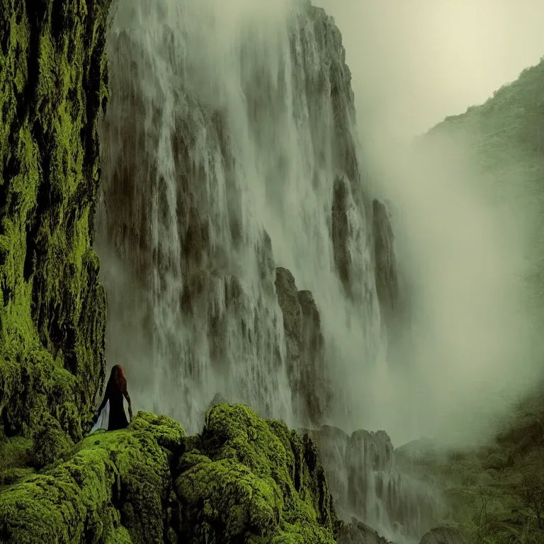 Image similar to dark and moody 1 9 8 0's artistic color spaghetti western film, a giant tall huge woman in an extremely long dress made out of waterfalls, standing inside a green mossy irish rocky scenic landscape, huge waterfall, volumetric lighting, backlit, atmospheric, fog, extremely windy, soft focus, by ansel adams and wes anderson