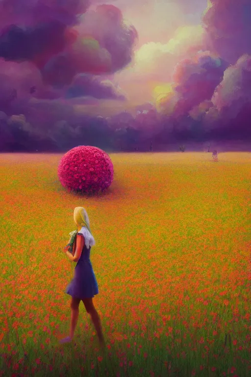 Image similar to giant flower head, girl walking in a flower field, surreal photography, sunrise, dramatic light, impressionist painting, colorful clouds, digital painting, artstation, simon stalenhag