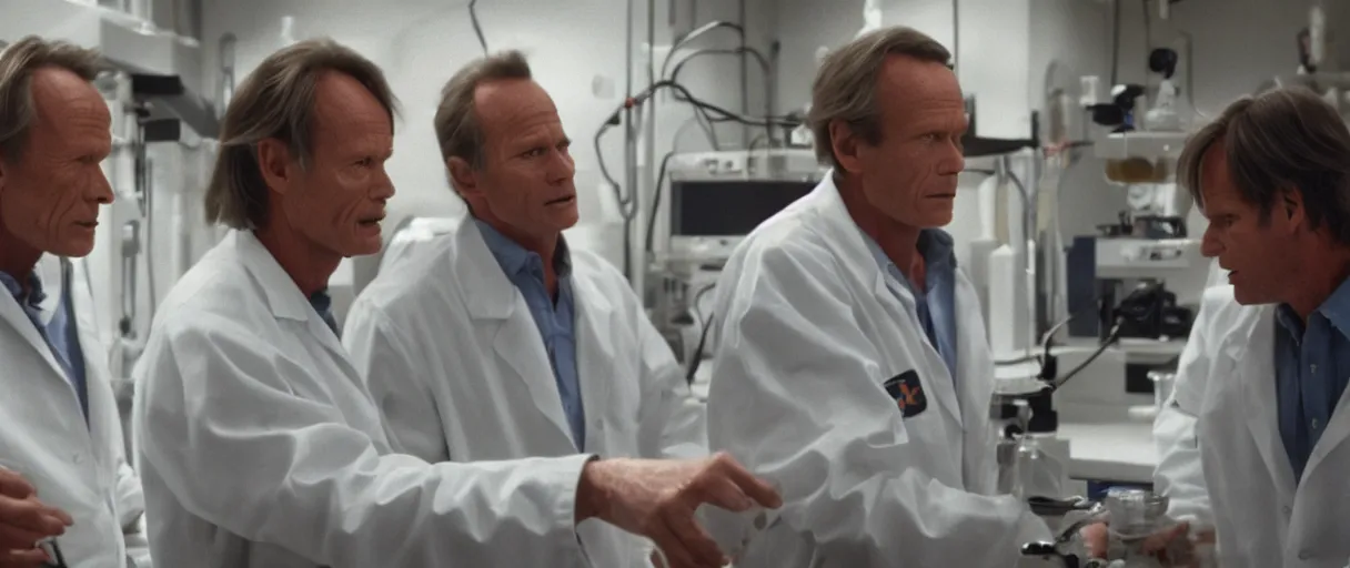 Prompt: filmic extreme close up shot movie still 4 k uhd interior 3 5 mm film color photograph of two scientists lance henriksen and bill paxton arguing and yelling in a lab in antartica