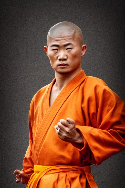 Image similar to an insanely stunning portrait of kungfu master in shaolin temple, motion blurred background, photorealism, cinema still, photography, porcelain skin, wrinkles, smooth, volumetric studio lighting, portrait photography, award winning photography, insane details, 8 k high definition, artstation