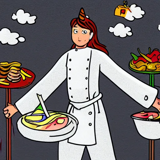 Image similar to A unicorn working as a chef, Animated Still