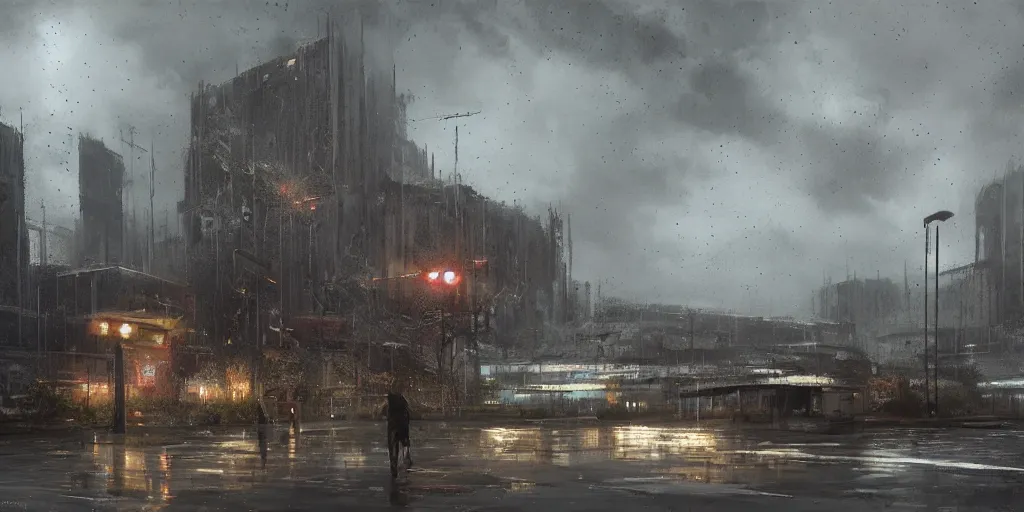 Image similar to brutalist architecture, rainy day, ominous evening, matte painting by greg rutkowski and craig mullins