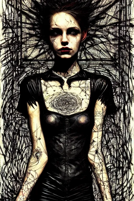 Image similar to dreamy gothic girl, black leather slim clothes, needles, beautiful body, detailed acrylic, grunge, intricate complexity, by dan mumford and by alberto giacometti, peter lindbergh