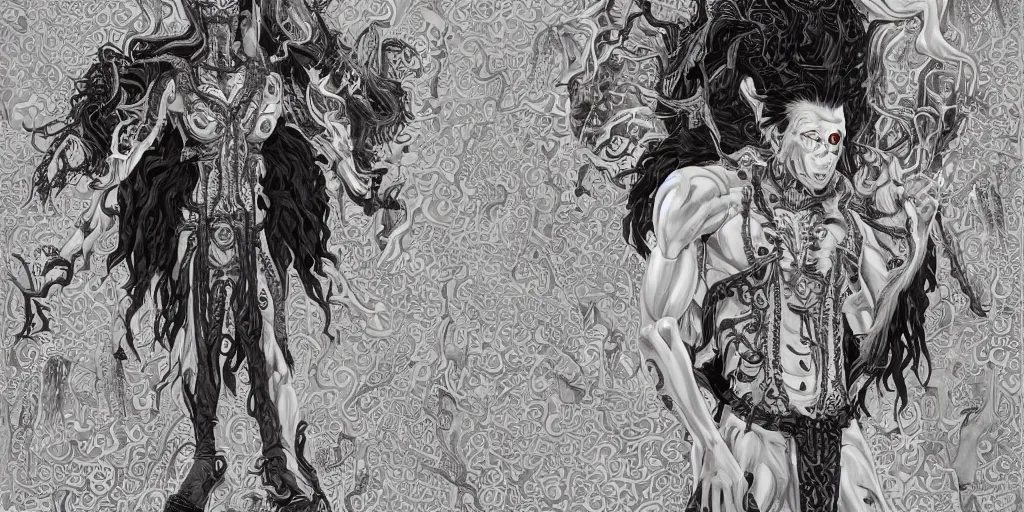 Prompt: full body and head , spiked black hair character design of realistic asian Sumerian Death Goddess ivory skin runic icons + mystical symbols, with small bleached bones covering vest and flowing electricity and smoke , fantasy, intricate, elegant, highly detailed, artstation, ,photoreal, ghostbusters , peter mordenbacher,Mike Winkelmann, ultra realistic, intricate, epic lighting, 8k resolution, unreal engine 5, ultraviolet colors