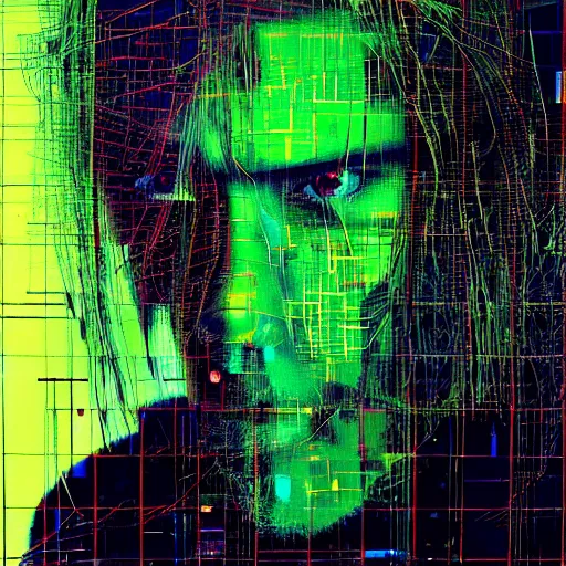 Prompt: hyperrealistic portrait of a cyberpunk man, teenager, long hair, immersed within a network, glitch eyes, by Guy Denning, Johannes Itten, Derek Gores, Russ Mills, glitch art, smooth lines, fine detail, polished, complex, hacking effects, holographic, digital tech effects, green, color blocking!, realistic, acrylic on canvas, concept art, abstract!, symmetrical, 8k, concept art, octane, photorealistic, cgsociety, trending on artstation