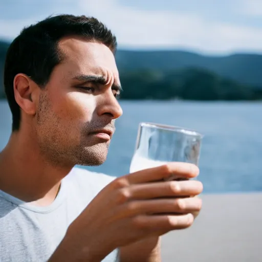 Prompt: a man thinking deeply in front of a glass of water