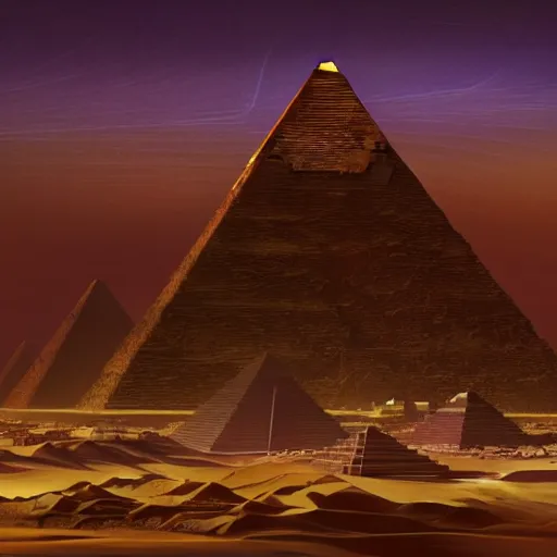 Image similar to a scene of a beautiful intricate epic futuristic pharaoh city with a cyber pyramid, a neo sphynx and hovering chariots taken from a distance, minimalist, cinematic lighting