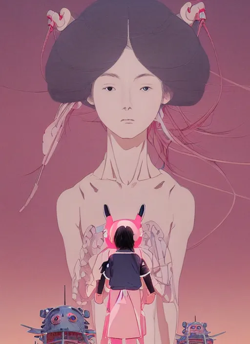 Prompt: Artwork by James Jean, Phil noto and hiyao Miyazaki; a young Japanese future samurai police girl named Yoshimi battles an enormous looming evil natured soft carnivorous pink robot on the streets of Tokyo; Japanese shops and neon signage; crowds of people running; Art work by studio ghibli, Phil noto and James Jean