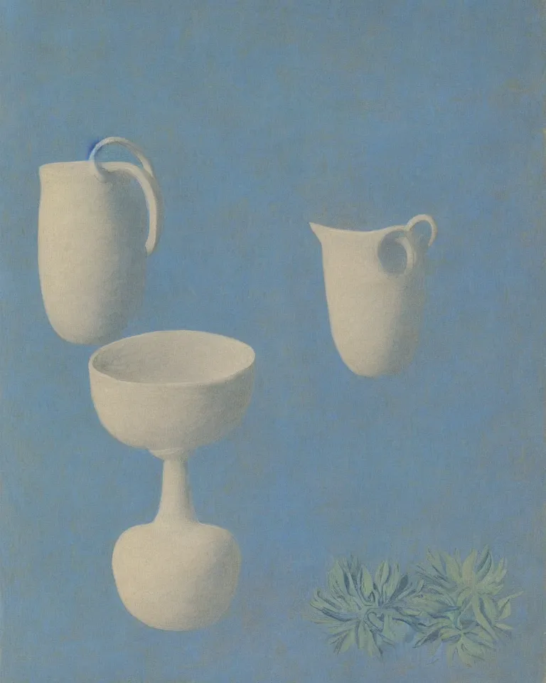 Prompt: achingly beautiful print of solitary painted ancient greek pottery on baby blue background by rene magritte, monet, and turner.