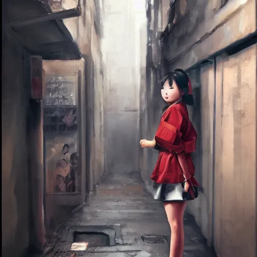 Image similar to a perfect, realistic professional oil painting of a Japanese schoolgirl posing in a dystopian alleyway, style of Marvel, full length, by a professional American senior artist on ArtStation, a high-quality hollywood-style concept