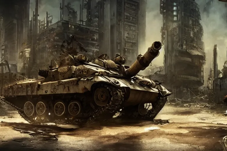 Image similar to an armored mechanical steampunk tank driving through a war - torn cyberpunk city, cinematic