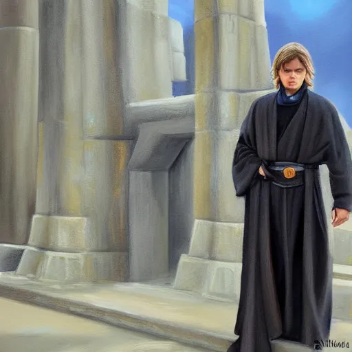 Image similar to anakin at the steps of the jedi temple, oil paint, art station, highly detailed, nighttime