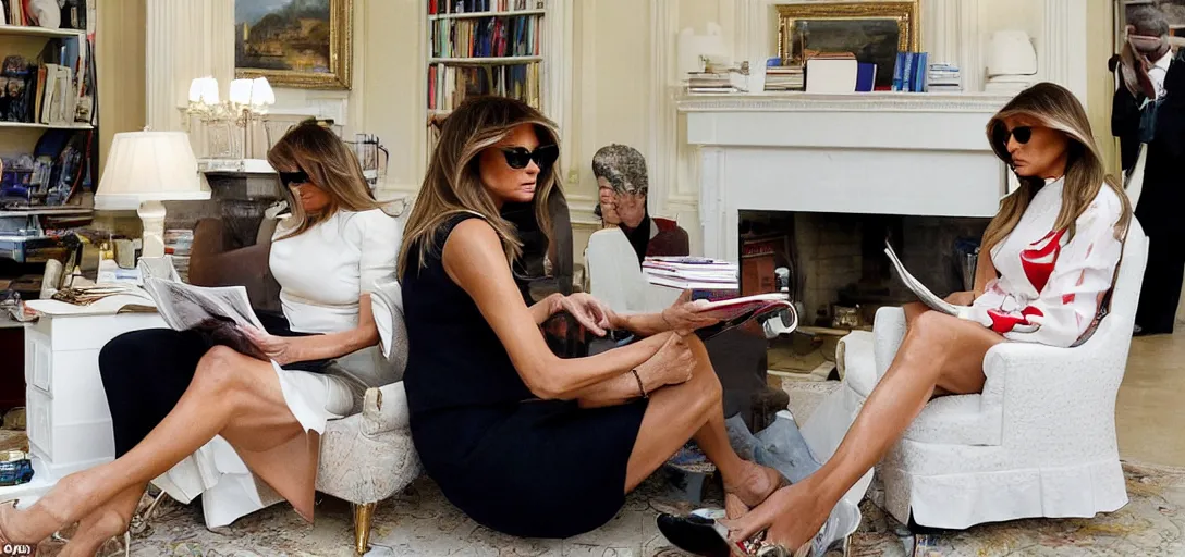 Image similar to melania trump nonchalant reading a magazine while people search her house, photograph,