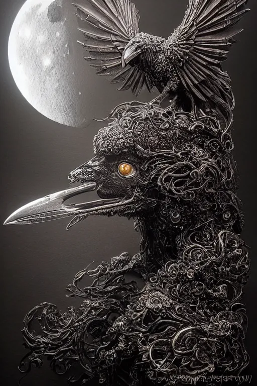 Image similar to Intricate stunning highly detailed raven by agostino arrivabene and Vladimir Kush, metal sculpture, ultra realistic, Horror, dramatic lighting, full moon, blood moon, thick black swirling smoke, volcanic smoke plume, burning fire embers