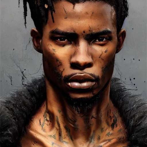 Image similar to portrait painting of a beautiful black man with cut scars and cropped hair wearing a tattered fur coat, ultra realistic, concept art, intricate details, eerie, highly detailed, photorealistic, octane render, 8 k, unreal engine. art by artgerm and greg rutkowski and charlie bowater and magali villeneuve and alphonse mucha