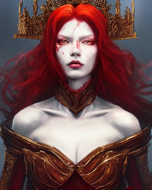 Image similar to redhead queen knight in red armor, inside an epic gothic castle, baroque, large crown, face with scars, intimidating, ominous, high fantasy, intricate detail, digital painting, artstation, concept art, smooth, sharp focus, illustration, art by yoshitaka amano and monia merlo and wlop