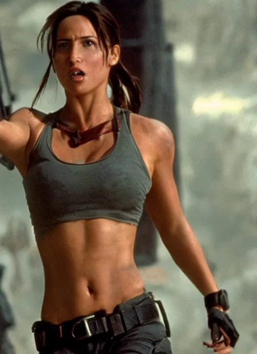 Image similar to film still of Lara Croft as John McClane in Die Hard, Thicc, Bulging chest, 4k