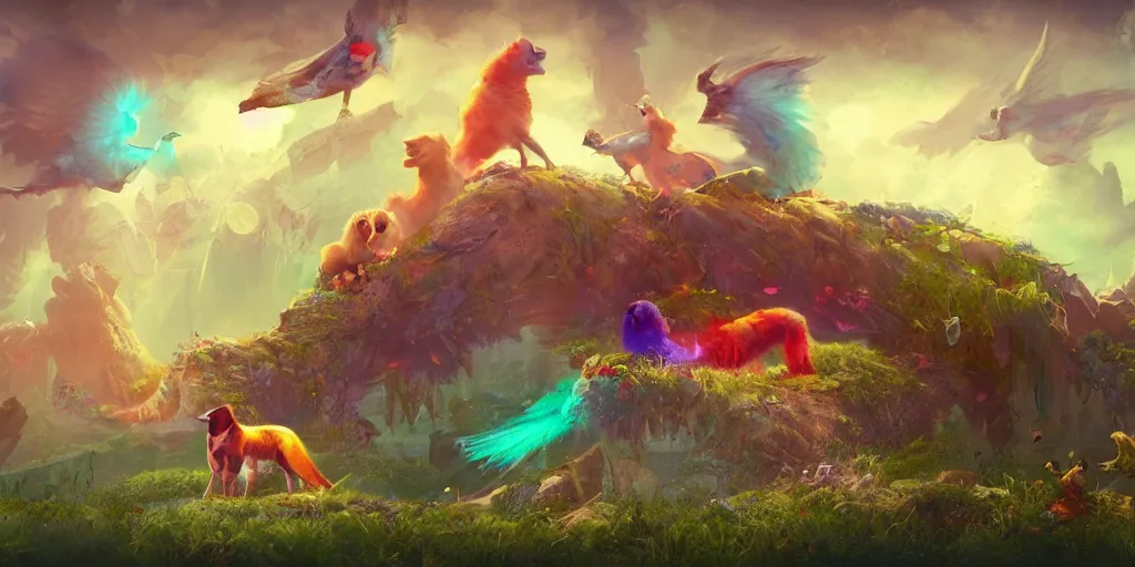 Image similar to all of our pets go to heaven, colorful, contrast, 3 d scene, greg rutkowski, zabrocki, karlkka, jayison devadas, trending on artstation, 8 k, ultra wide angle, zenith view, pincushion lens effect