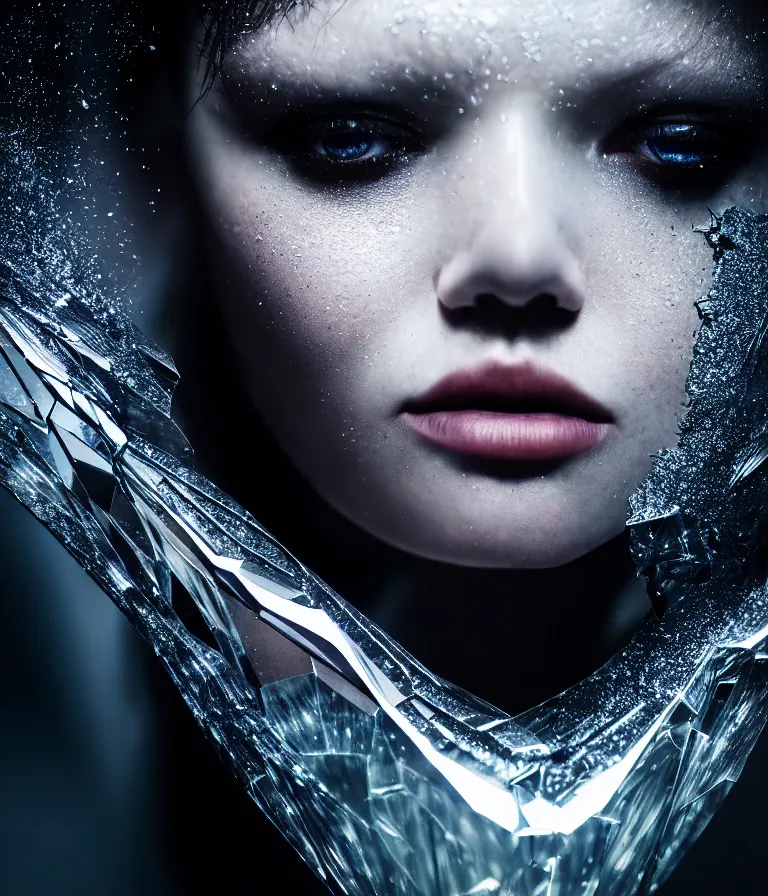 Image similar to impressive ominous cinematic fine portrait photo of a angle rigid shattered crystal volumetric dynamic fluid simulation lighting impressive masterpiece hyper ultra detailed intricate sharp focus 8 k realistic illustration canon eos r 3 fujifilm x - t 3 0 sony alpha, by james gurney tooth wu artgerm colorful, trending on artstation, cgsociety, octane render nvidia raytracing demo