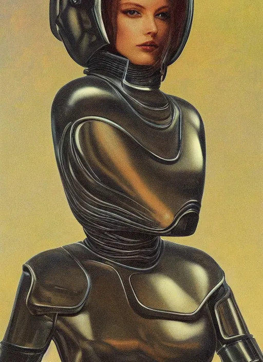 Image similar to full body portrait of beautiful gothic and futuristic fashion model, elegant smooth space armour, cyber armour, scifi helmet, highly detailed, artstation, illustration, composition, 8 k quality, art by jean delville, rene magritte, hyperrealism oil painting