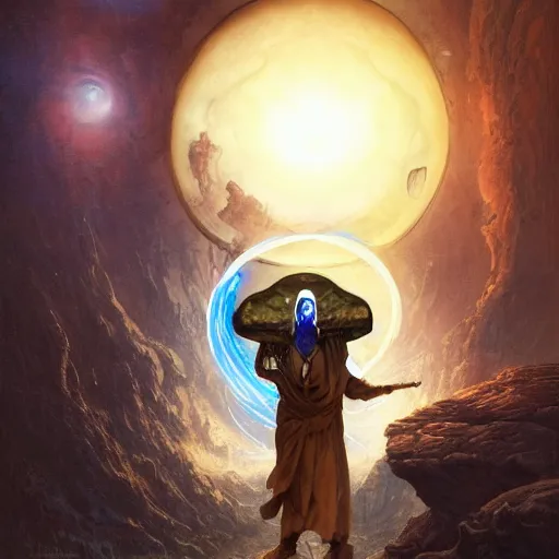 Image similar to masked nomad male wearing a cloak on an alien world and holding a holographic planet projection in his hand, detailed, sci - fi, digital painting, artstation, sharp focus, illustration, ominous, artgerm, tomasz alen kopera, peter mohrbacher, donato giancola, joseph christian leyendecker, wlop, frank frazetta