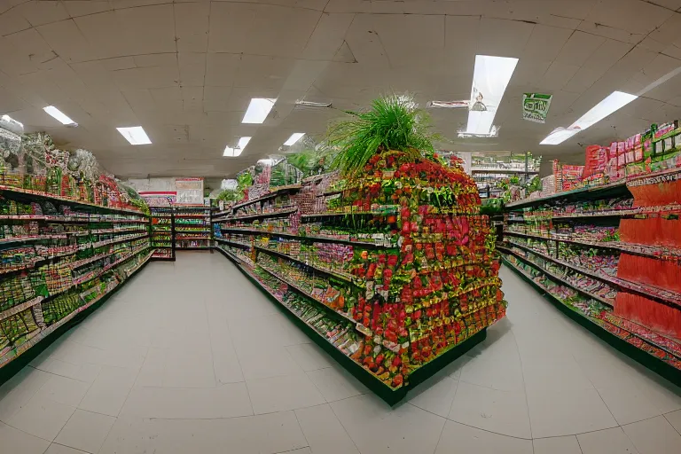 Prompt: 2001 y2k grocery store made of cactus, 85mm f/11 interior photography two point perspective,