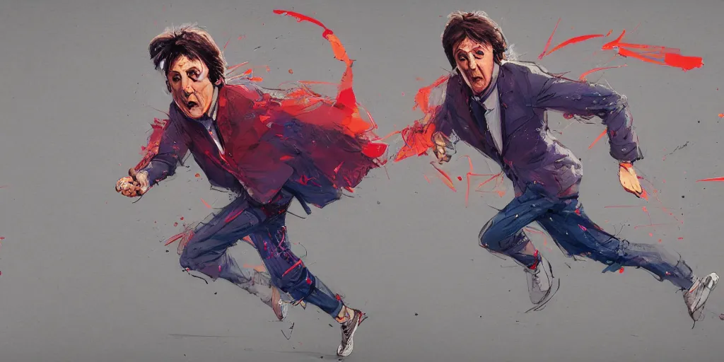 Image similar to cartoonish paul mccartney running, vivid colors, character sheet, fine details, concept design, contrast, kim jung gi, greg rutkowski, trending on artstation, 8 k, full body, turnaround, front view, back view, ultra wide angle