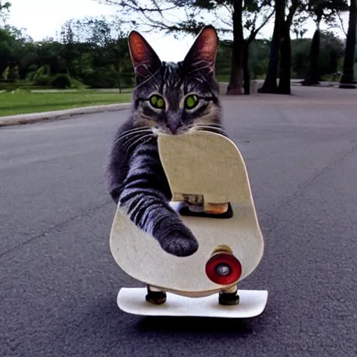 Prompt: photo cat on skateboard realistic detailed