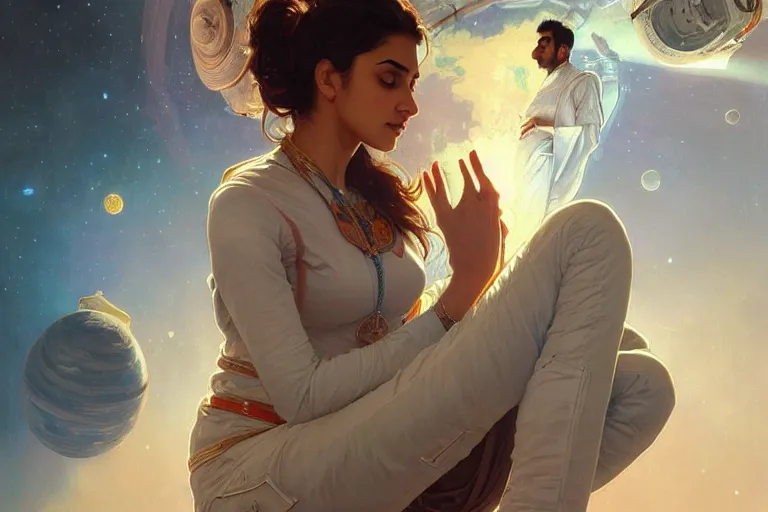 Image similar to Sensuous good looking pale young Indian doctors wearing jeans in a space station above Earth, portrait, elegant, intricate, digital painting, artstation, concept art, smooth, sharp focus, illustration, art by artgerm and greg rutkowski and alphonse mucha