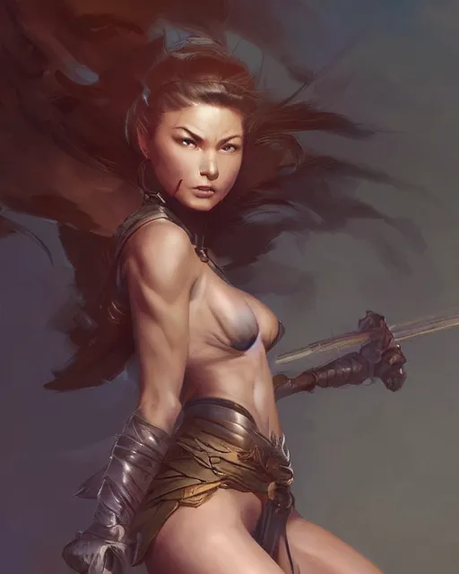 Image similar to beautiful female warrior by Stanley Artgerm Lau, WLOP, Rossdraws, frank frazetta, Andrei Riabovitchev, Marc Simonetti, tranding on artstation