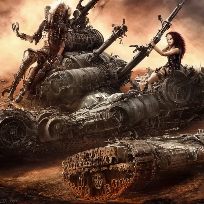 Image similar to beautiful apocalyptic woman with mohawk, standing on mad max panzer tank, hyper-detailed, smooth, sharp focus, 4k ultra hd, fantasy dark art, tank girl, artgerm, artstation, octane render, elegant, detailed digital painting, apocalyptic art, Francis bacon, unreal engine, depth map