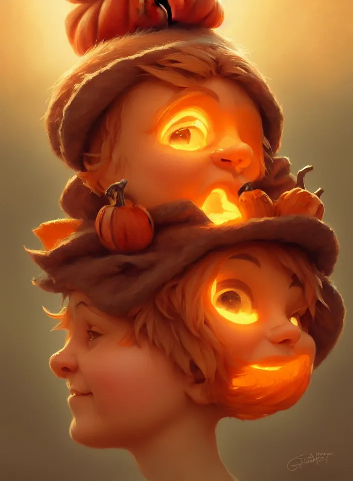 Image similar to hand drawn cute one gnomes face in autumn and pumpkin, detailed closeup face, concept art, low angle, high detail, warm lighting, volumetric, godrays, vivid, beautiful, trending on artstation, art by artgerm and greg rutkowski and alphonse mucha