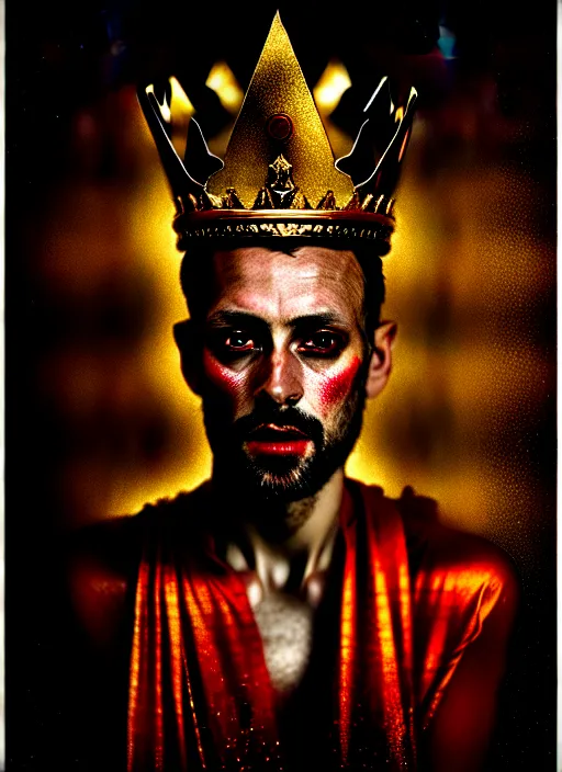 Image similar to 'Portrait of Crowned King Arthur' by Lee Jeffries royally decorated, whirling plasma, atmospheric motes, red and gold Sumptuous garb, gilt silk fabric, radiant colors, fantasy, perfect lighting, studio lit, micro details,