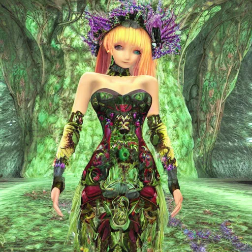 Prompt: cute female forest spirit wearing ornate floral cybernetic hungarian valentino resort dress in a 3 d psx ps 2 jrpg style, fighting fantasy monsters creatures, bright esoteric magical alien meadow ritual environment, fashion gameplay screenshot, highly detailed, atelier, xenogears