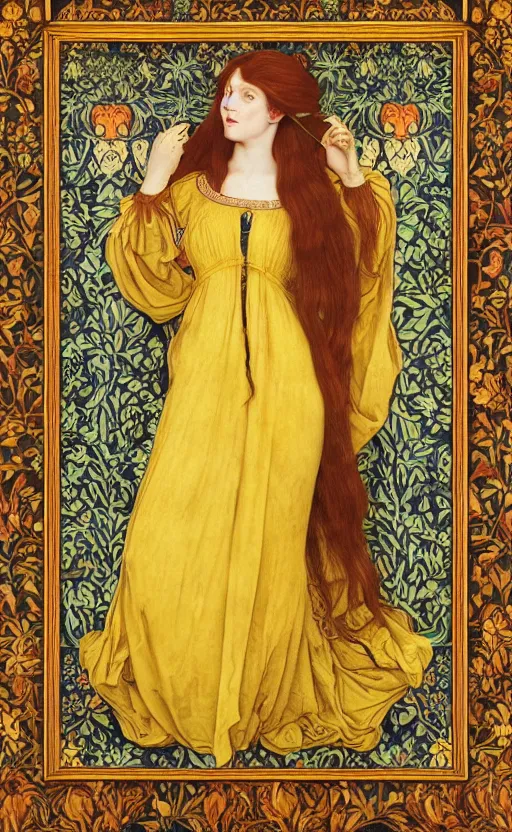 Prompt: full body reclining masterpiece of preraphaelite portrait photography, brown hair fringe, yellow ochre ornate medieval dress, william morris and kilian eng and mucha, framed, 4 k