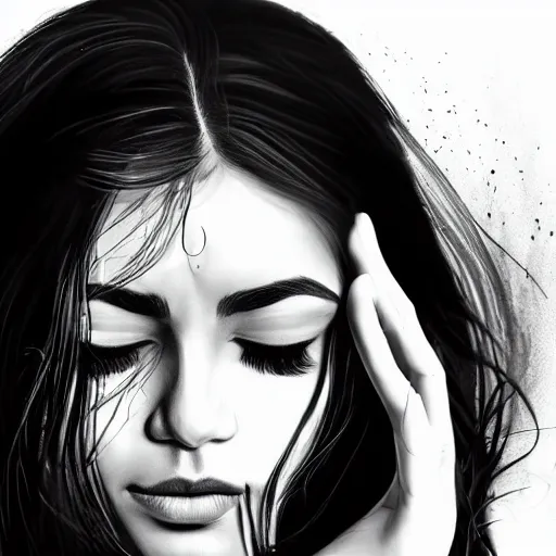 Prompt: Stunning portrait of Indian womans face with her hands covering her eyes, black ink is pouring down from her eyes, music album cover, artstation, pixivi