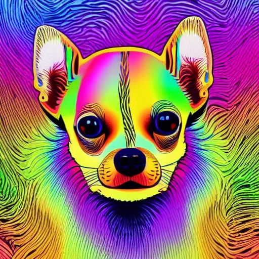 Image similar to chihuahua with rainbow fur, psychedelic fur, in an abstract mc escher environment, happy chihuahua, 4 k, 8 k, ultra detailed, digital illustration
