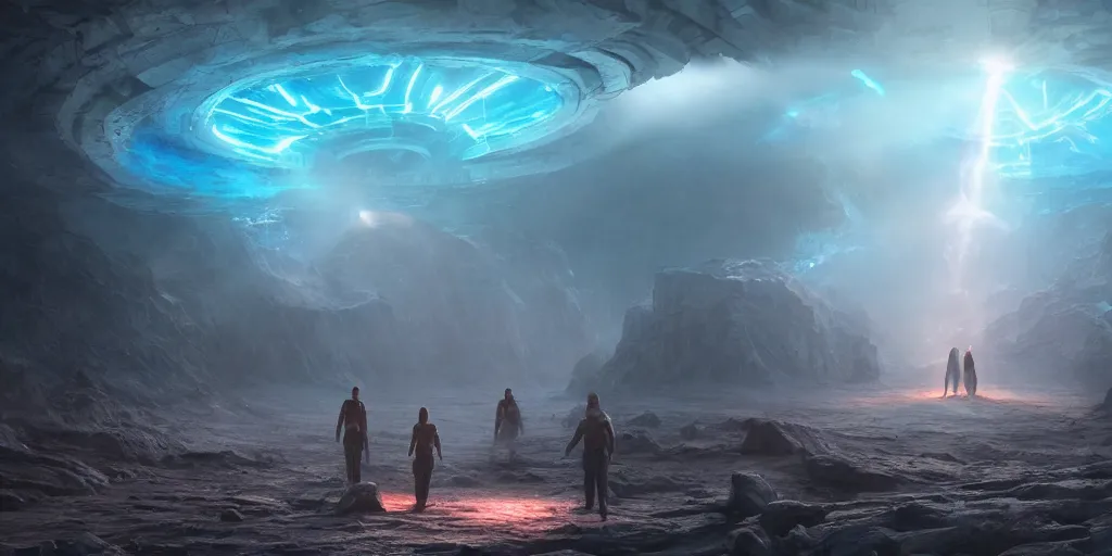 Prompt: ancient alien portal, crowd of androids, beams of light from sky, wormhole, matte painting, dreamscape, digital rain, global illumination, the great beyond, trending on artstation