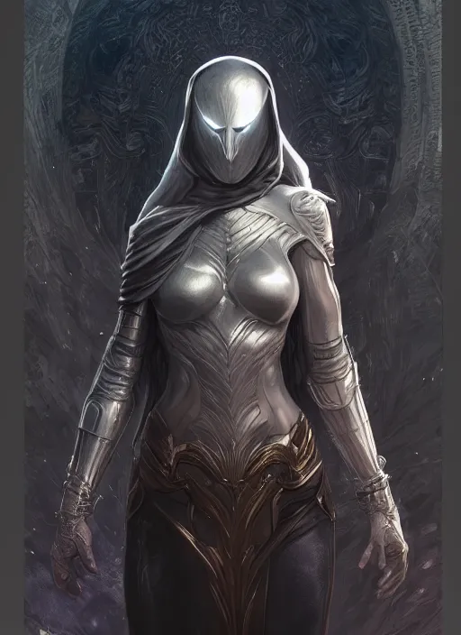 Image similar to female moon knight, hyper detailed, dynamic background, digital art, trending in artstation, cinematic lighting, studio quality, smooth render, unreal engine 5 rendered, octane rendered, art style by klimt and nixeu and ian sprigger and wlop and krenz cushart