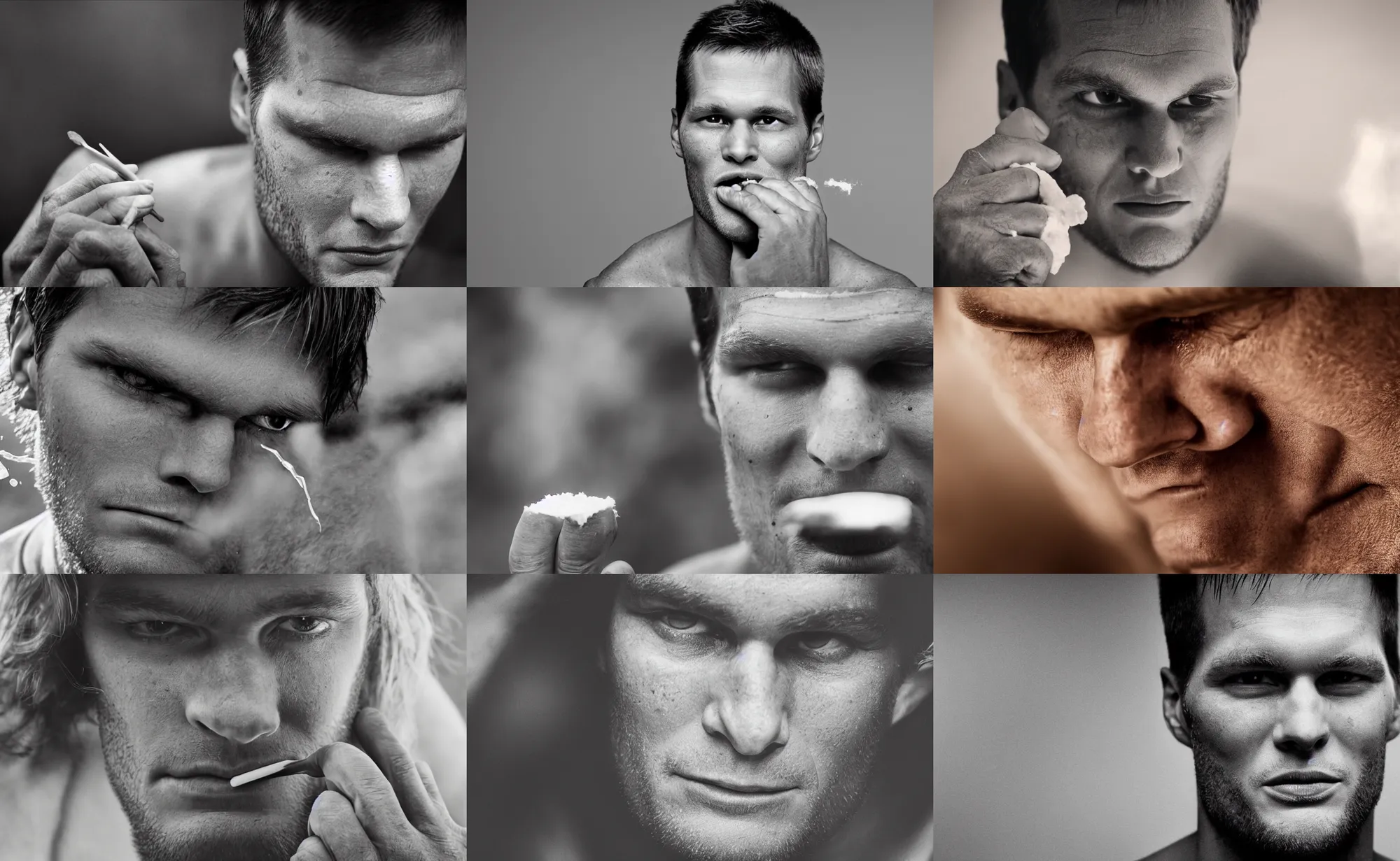 Prompt: photographic portrait by Annie Leibovitz of Tom Brady snorting a line of cocaine, closeup, sepia, moody, dream-like, sigma 85mm f/1.4, 15mm, 35mm, 4k, high resolution, 4k, 8k, hd, full color