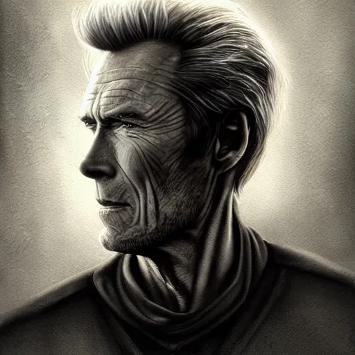 Image similar to character portrait of clint eastwood, lean face, cinematic lighting, glowing grey eyes, hyper - detailed, 4 k, high resolution, in the style of charlie bowater, tom bagshaw, single face, symmetrical, headshot photograph, insanely detailed and intricate, beautiful, elegant, watercolor, cinematic, portrait, raphaelite, headroom, pierre - auguste renoir