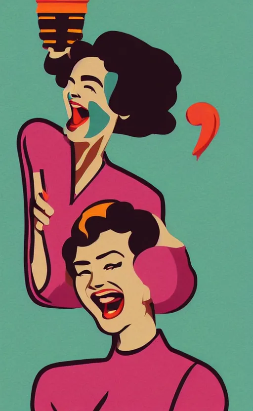 Prompt: illustration with a woman laughing out loud, standup, comedy, joke, an art deco painting by tom whalen, funny meme photo, trending on behance, art deco, digital illustration, storybook illustration, grainy texture, flat shading, vector art, airbrush, pastel, watercolor, poster