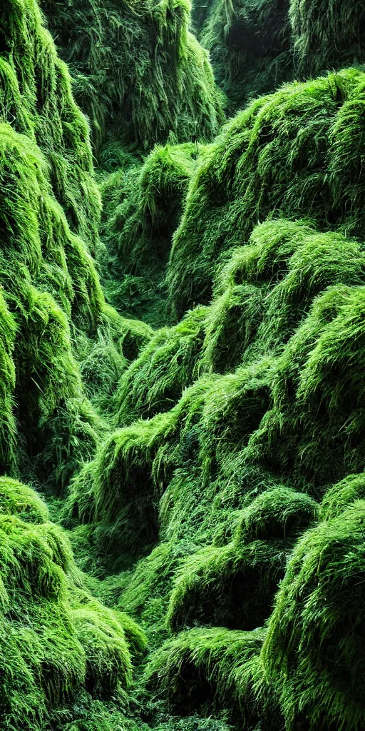 Prompt: a fertile, lush mossy canyon, ferns, minimalist structure, covered in ice, in the style of reuben wu, roger deakins