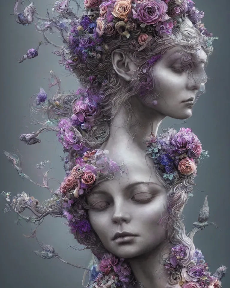 Image similar to a sculpture of interlaced gorgeous etherial females, made of mist, made of flowers, a digital painting, Andrew Ferez, Charlie Bowater, Marco Mazzoni, Seb McKinnon, Ryohei Hase, Alberto Seveso, Kim Keever, trending on cgsociety, featured on zbrush central, new sculpture, mystical