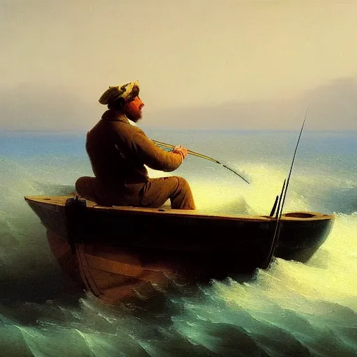 Prompt: detailed painting of a man fishing on a small boat in the ocean by Ivan Aivazovsky, 4k details