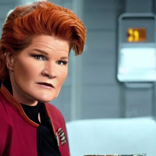 Prompt: Kate Mulgrew as Captain Janeway in a Hollywood musical about coffee