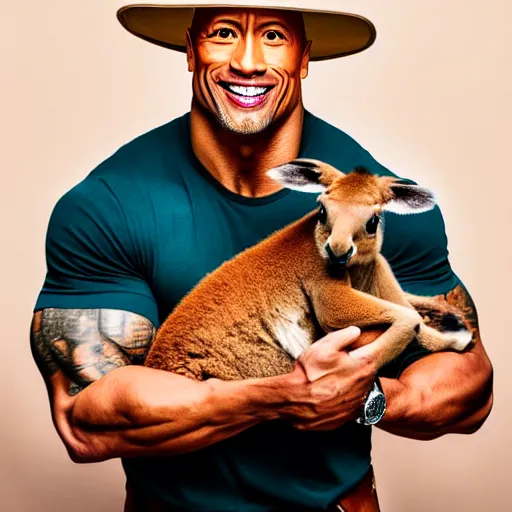 Image similar to dwayne johnson holding a kangaroo, he is wearing a safari outfit and a pith hat, studio photography, 8 k