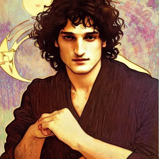 Prompt: louis garrel portrait by louis - theophile hingre and alphonse mucha, realistic, sharp focus, zodiac signs, tarot cards, planets, ethereal, art nouveau, magic, moon, sun, crown, dreamy, royal, jewellery