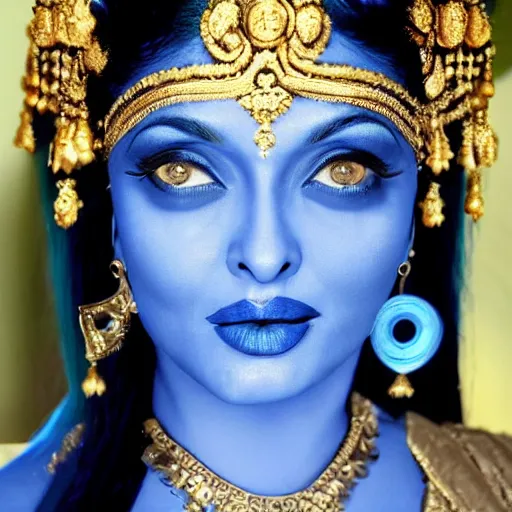 Image similar to aishwarya rai as a blue - skinned indian goddess with six arms, symmetric, aesthetic!!!, cosplay, studio lighting, beautiful symmetric face, clean composition, highly symmetric body parts, gazing eyes, blue skin, blue body paint